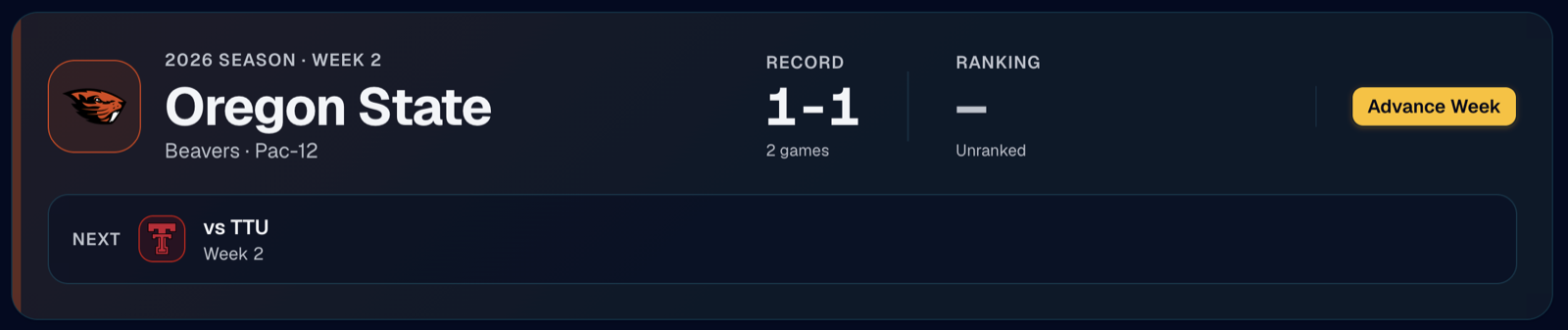 The DynastyDesk dashboard hero — team crest, record, ranking, and next game